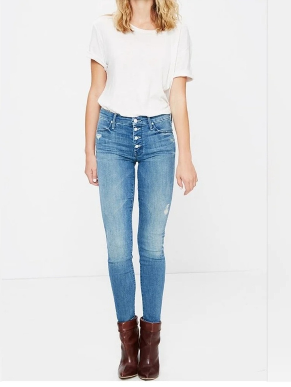 Mother sz 29 the pixie Skinny Jeans Distressed Button Stretch High Rise Denim